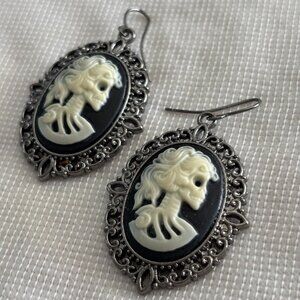 Gothic Skeleton Cameo Dangle Earrings | Vintage-Style Frame | Costume Jewelry